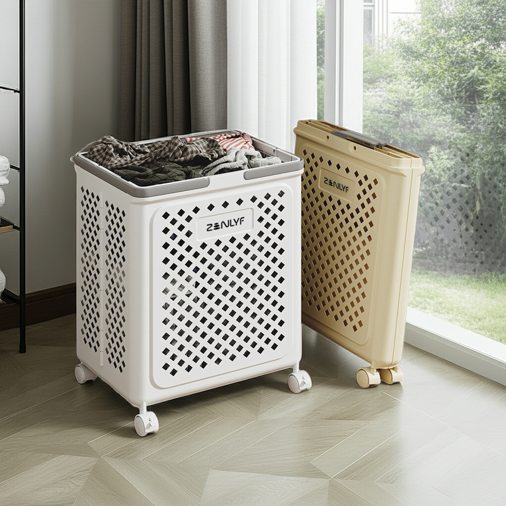 Zenlyf Foldable Laundry Basket Plastic with Wheels | Multipurpose Collapsible Clothing Basket for Storage | Laundry Organiser for Clothes, Bathroom & Toys (White)