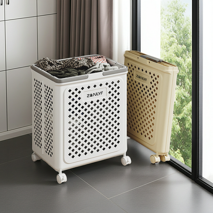 Zenlyf Foldable Laundry Basket Plastic with Wheels | Multipurpose Collapsible Clothing Basket for Storage | Laundry Organiser for Clothes, Bathroom & Toys (White)