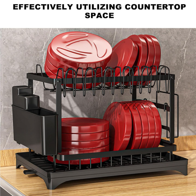 2 Tier Dish Drainer Rack with Utensil Holder & Drip Tray