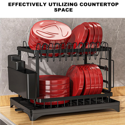 2 Tier Dish Drainer Rack with Utensil Holder & Drip Tray