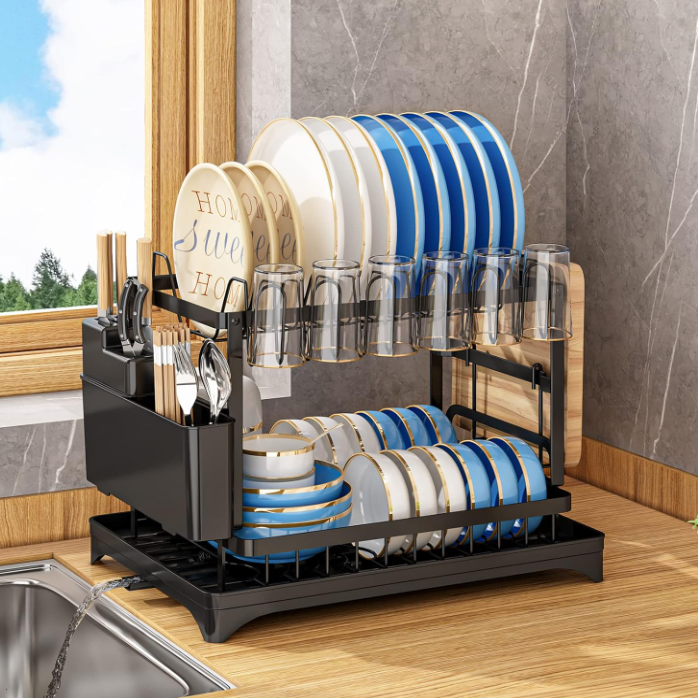2 Tier Dish Drainer Rack with Utensil Holder & Drip Tray