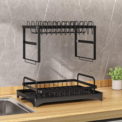 2 Tier Dish Drainer Rack with Utensil Holder & Drip Tray