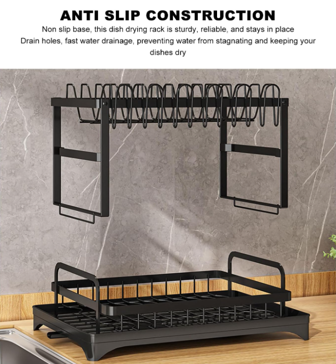 2 Tier Dish Drainer Rack with Utensil Holder & Drip Tray