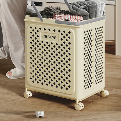 Zenlyf Foldable Laundry Basket Plastic with Wheels | Multipurpose Collapsible Clothing Basket for Storage | Laundry Organiser for Clothes, Bathroom & Toys (White)
