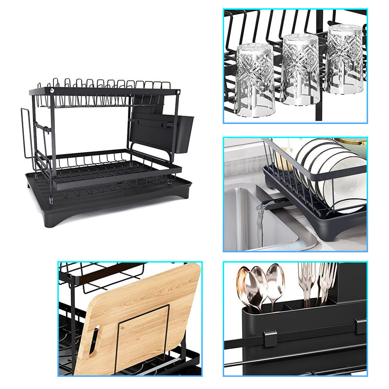 2 Tier Dish Drainer Rack with Utensil Holder & Drip Tray