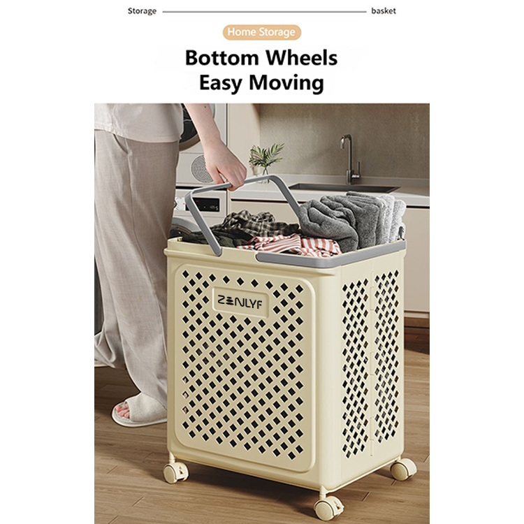 Zenlyf Foldable Laundry Basket Plastic with Wheels | Multipurpose Collapsible Clothing Basket for Storage | Laundry Organiser for Clothes, Bathroom & Toys (White)