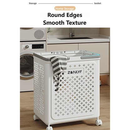 Zenlyf Foldable Laundry Basket Plastic with Wheels | Multipurpose Collapsible Clothing Basket for Storage | Laundry Organiser for Clothes, Bathroom & Toys (White)