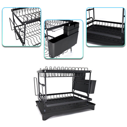 2 Tier Dish Drainer Rack with Utensil Holder & Drip Tray