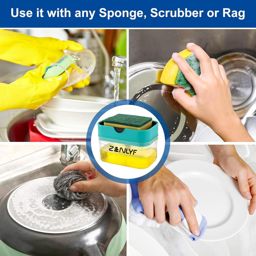 Zenlyf 2 in 1 Soap Dispenser for Kitchen Sink with Sponge Holder - Efficient Dish Wash Dispenser and Kitchen Soap Dispenser for Easy Dishwashing