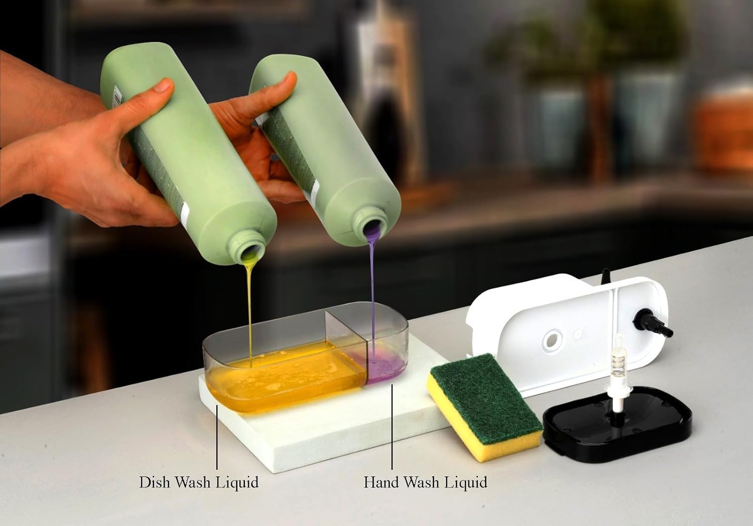 Zenlyf 3 in 1 Soap Dispenser for Kitchen Sink - Premium dishwashing Liquid Dispenser Dispenser with Built-in Sponge Holder, Easy Refill Design, Hand wash Bottle, Modern Space-Saving Solution