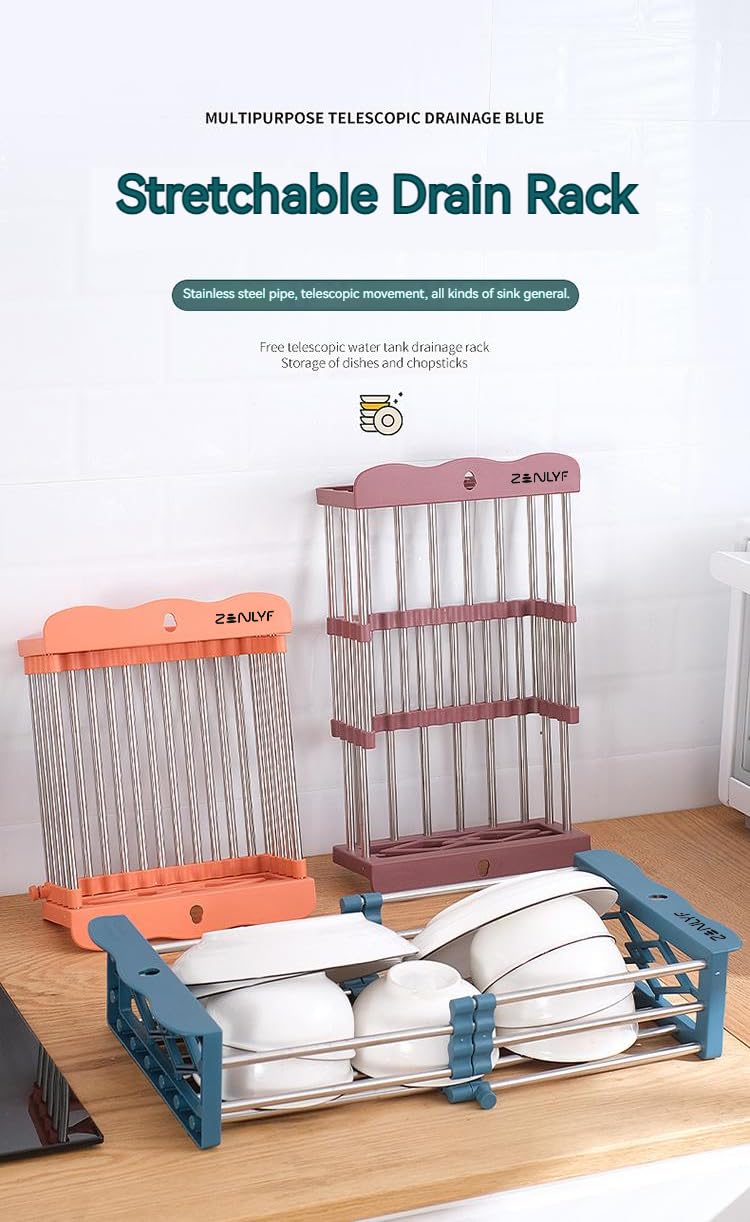 Zenlyf Expandable Dish Drying Rack for Kitchen Sink – Multipurpose Sink Basket Strainer Tray for Cleaning Vegetables, Fruits, Cutlery – Adjustable Stainless Steel Over Sink Drainer Organizer