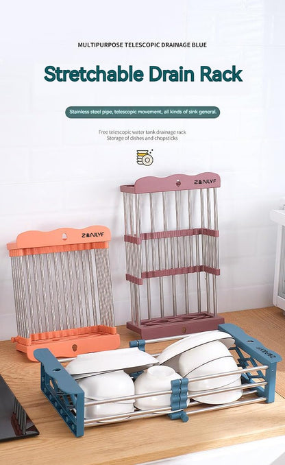 Zenlyf Expandable Dish Drying Rack for Kitchen Sink – Multipurpose Sink Basket Strainer Tray for Cleaning Vegetables, Fruits, Cutlery – Adjustable Stainless Steel Over Sink Drainer Organizer