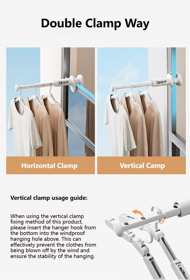 Zenlyf Adjustable Clothes Hanging Rack for Drying, Drying Clothes Rack for Window, Balcony, Wardrobe, Bathroom Telescopic Rod with Double Clamp Foldable, Easy Installation & Space Saving Design
