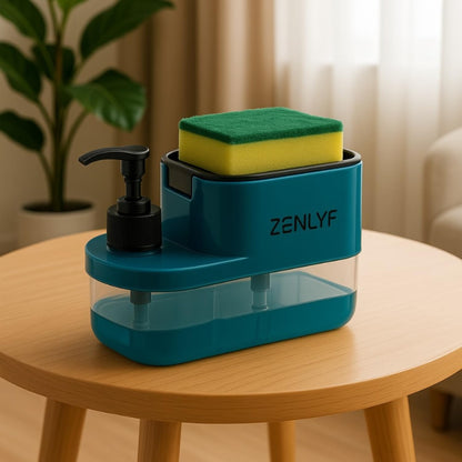 Zenlyf 3 in 1 Soap Dispenser for Kitchen Sink - Premium dishwashing Liquid Dispenser Dispenser with Built-in Sponge Holder, Easy Refill Design, Hand wash Bottle, Modern Space-Saving Solution