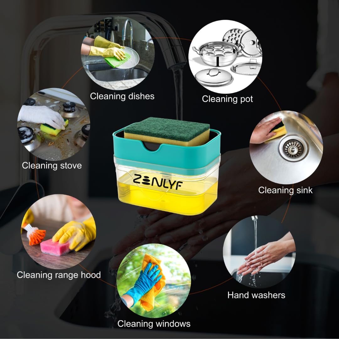 Zenlyf 2 in 1 Soap Dispenser for Kitchen Sink with Sponge Holder - Efficient Dish Wash Dispenser and Kitchen Soap Dispenser for Easy Dishwashing