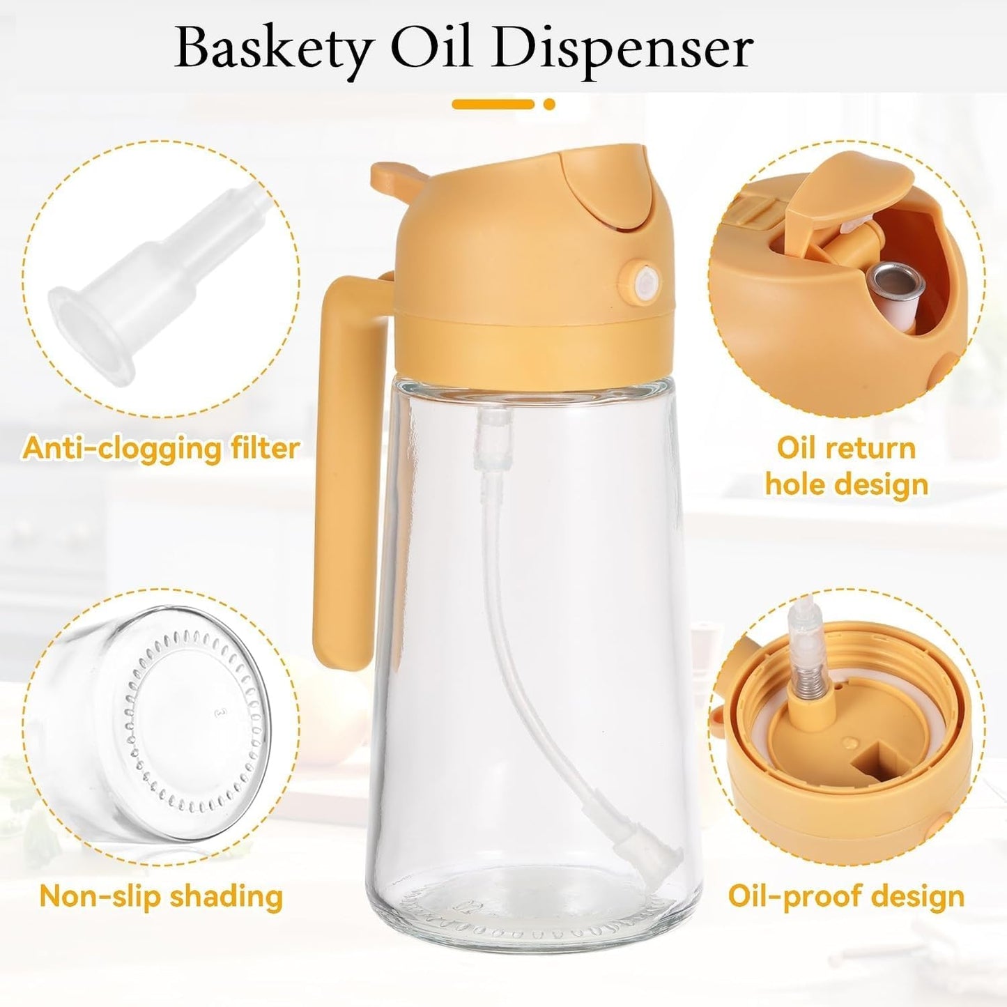 Zenlyf 2 in 1 Glass Oil Dispenser 500ml - Kitchen Accessories Items for Home, Oil Sprayer Bottle for Cooking, Unique, Durable and Elegant Design for Easy Use (Black)