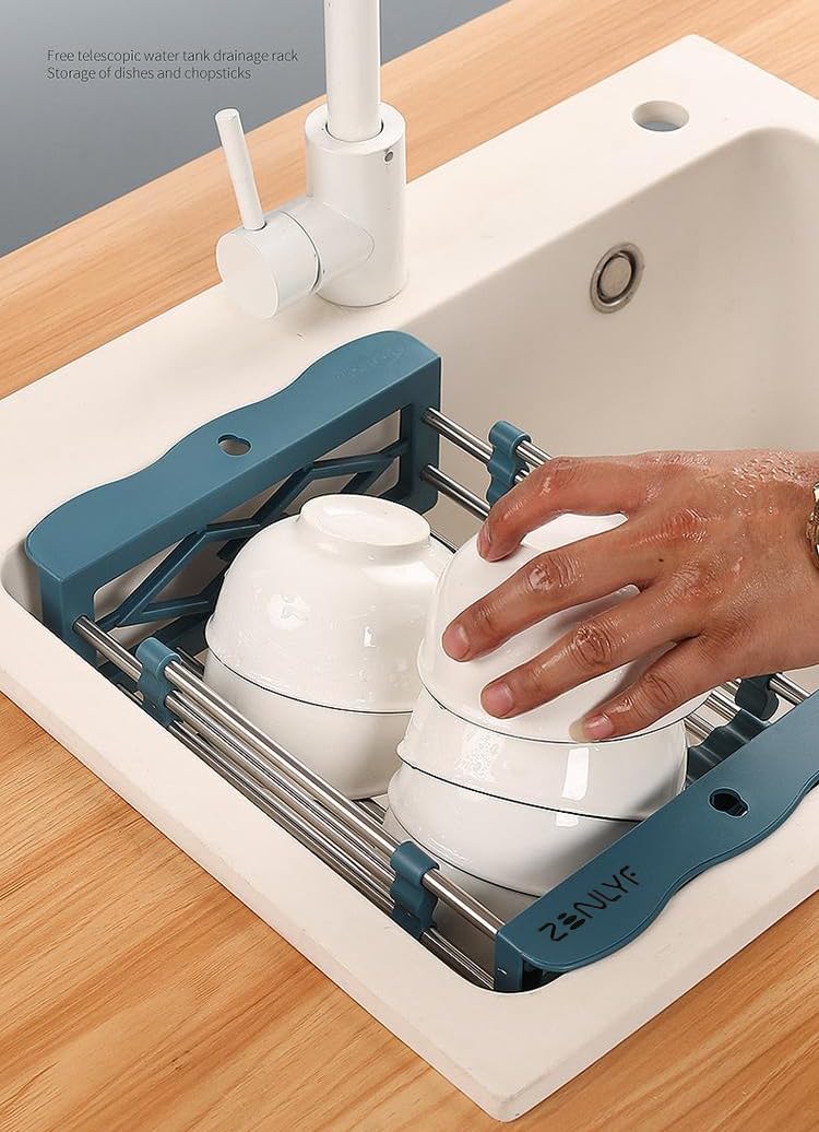 Zenlyf Expandable Dish Drying Rack for Kitchen Sink – Multipurpose Sink Basket Strainer Tray for Cleaning Vegetables, Fruits, Cutlery – Adjustable Stainless Steel Over Sink Drainer Organizer