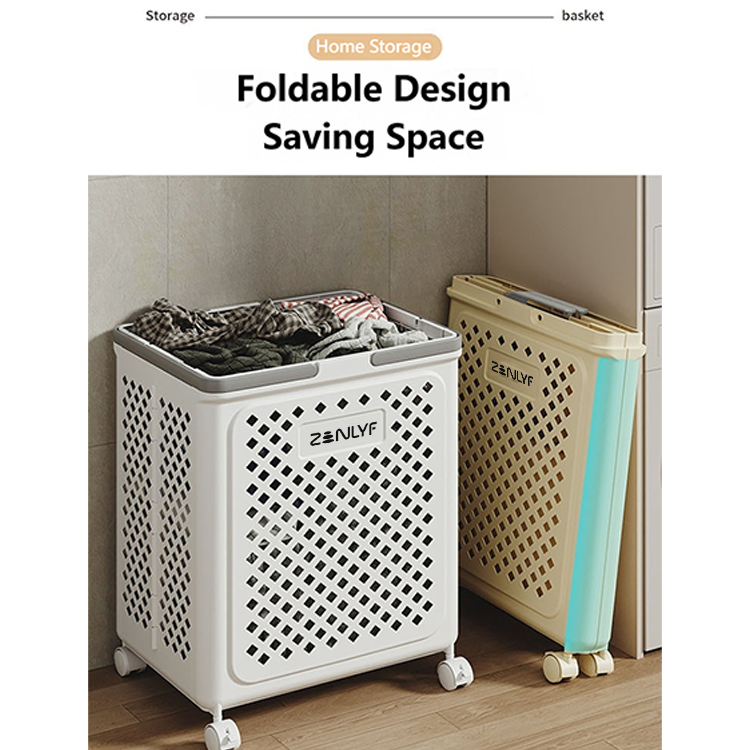 Zenlyf Foldable Laundry Basket Plastic with Wheels | Multipurpose Collapsible Clothing Basket for Storage | Laundry Organiser for Clothes, Bathroom & Toys (White)