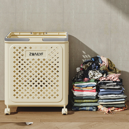 Zenlyf Foldable Laundry Basket Plastic with Wheels | Multipurpose Collapsible Clothing Basket for Storage | Laundry Organiser for Clothes, Bathroom & Toys (White)