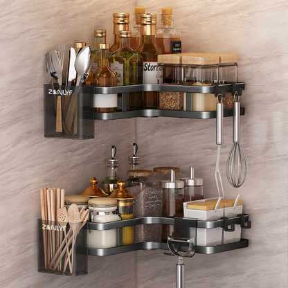 Zenlyf No Drill Wall Mounted Kitchen Organizer| 2-Tier Carbon Steel Rack For Spice Jars, Vanity & Storage Accessories