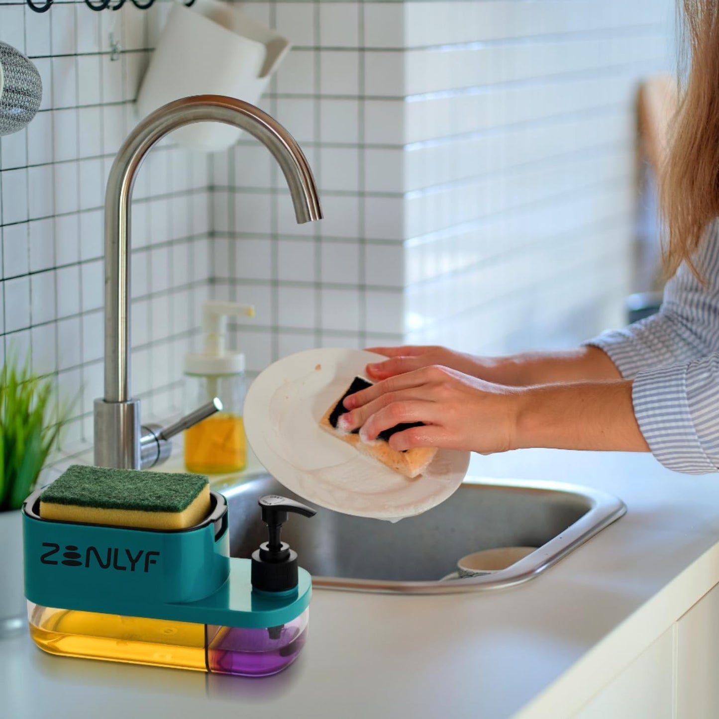 Zenlyf 3 in 1 Soap Dispenser for Kitchen Sink - Premium dishwashing Liquid Dispenser Dispenser with Built-in Sponge Holder, Easy Refill Design, Hand wash Bottle, Modern Space-Saving Solution