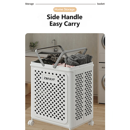 Zenlyf Foldable Laundry Basket Plastic with Wheels | Multipurpose Collapsible Clothing Basket for Storage | Laundry Organiser for Clothes, Bathroom & Toys (White)