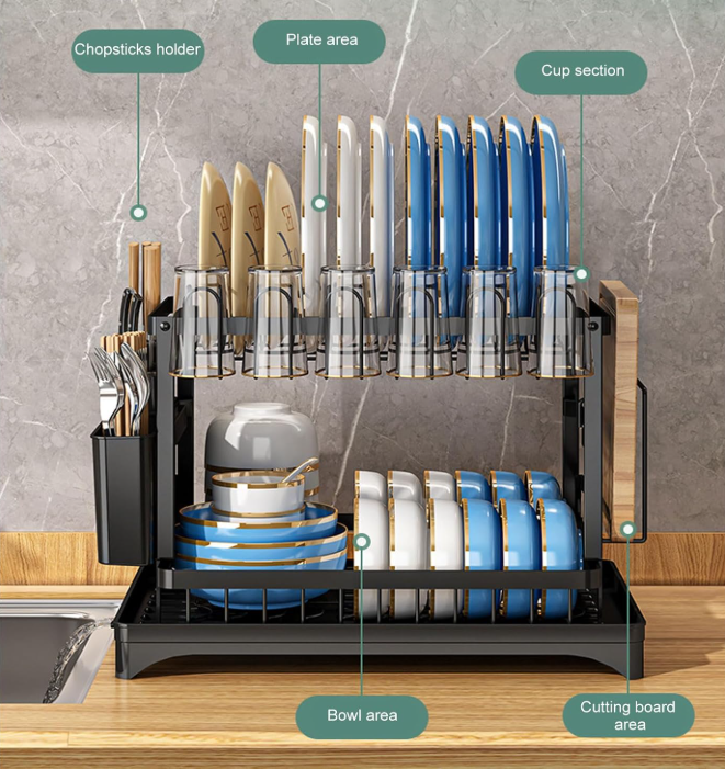 2 Tier Dish Drainer Rack with Utensil Holder & Drip Tray
