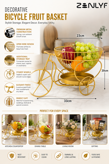 Bicycle Fruit Basket for Dining Table, Decorative Cycle Fruit & Snack Storage Basket