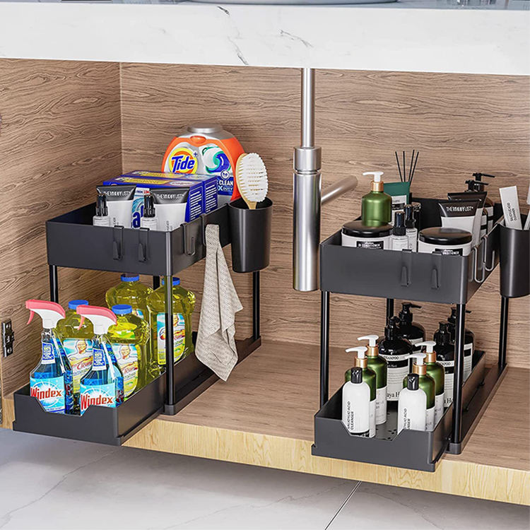 2-Tier Kitchen Undersink Organizer Rack with Single Pull-Out Storage Tray, Utensil Cup & Hooks