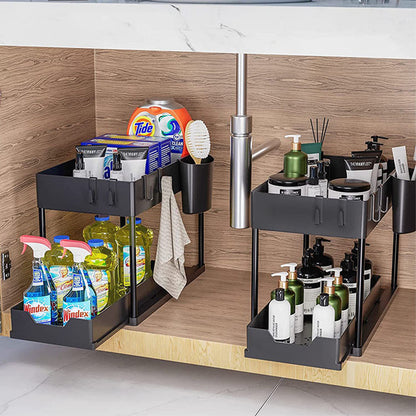 2-Tier Kitchen Undersink Organizer Rack with Single Pull-Out Storage Tray, Utensil Cup & Hooks