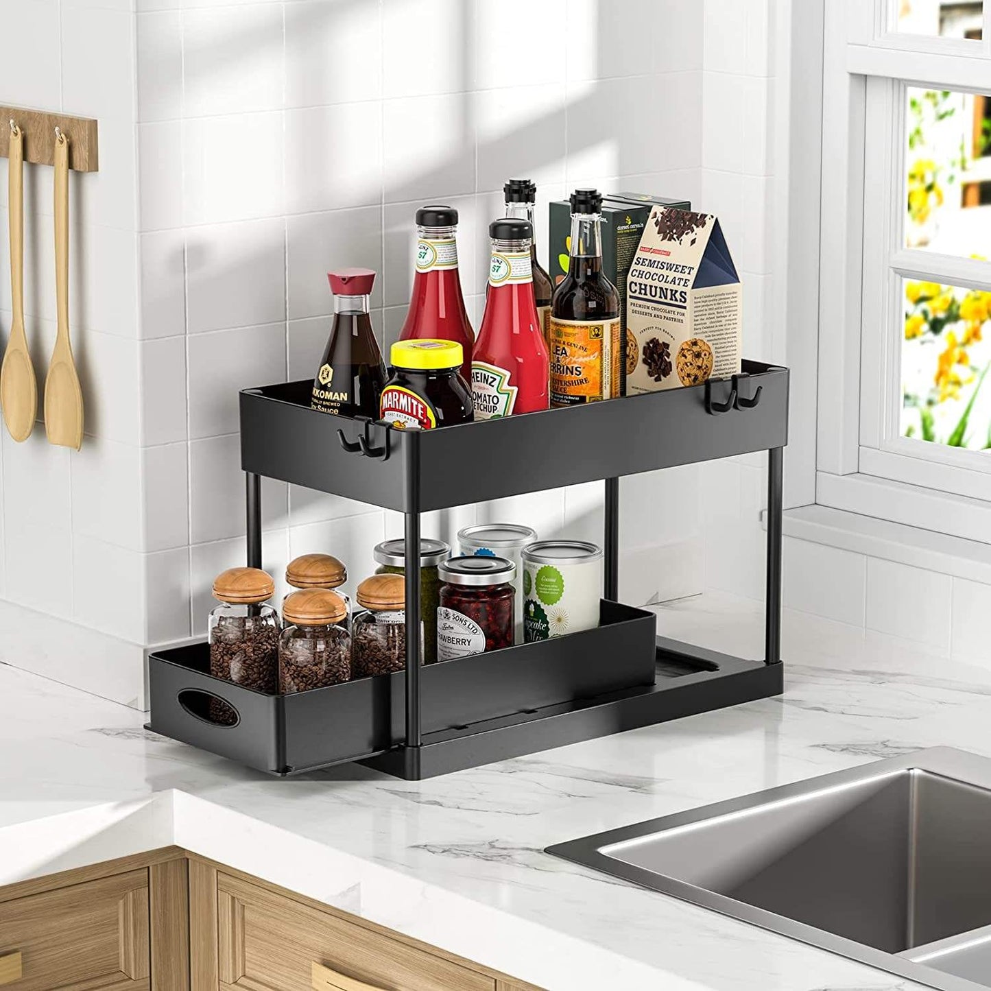 2-Tier Kitchen Undersink Organizer Rack with Single Pull-Out Storage Tray, Utensil Cup & Hooks