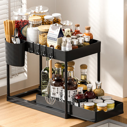2-Tier Kitchen Undersink Organizer Rack with Single Pull-Out Storage Tray, Utensil Cup & Hooks