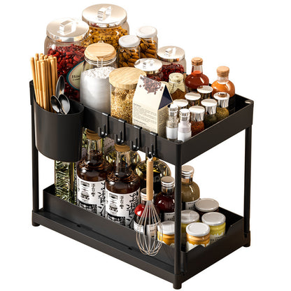 2-Tier Kitchen Undersink Organizer Rack with Single Pull-Out Storage Tray, Utensil Cup & Hooks