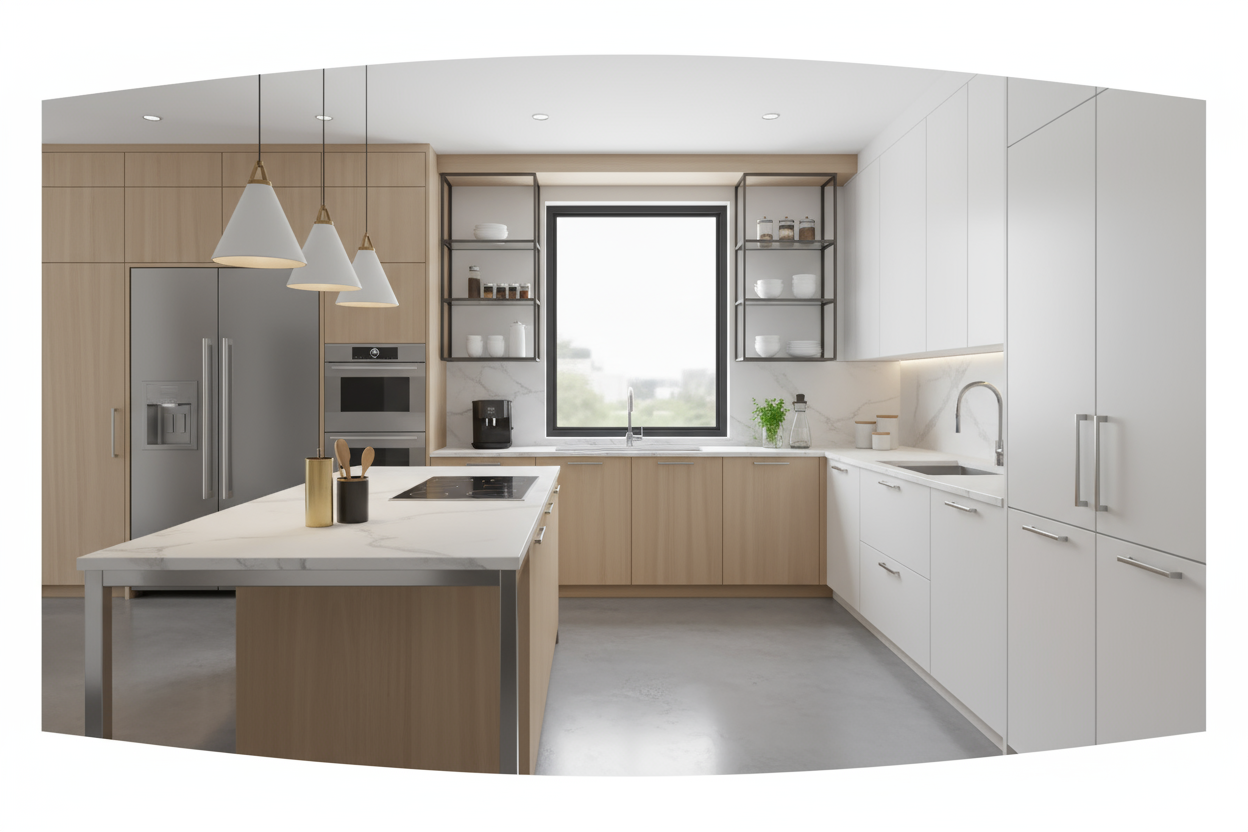 create a illustrative artwork showing modern kitchen layout. its dimentions hould be  for a long header banner