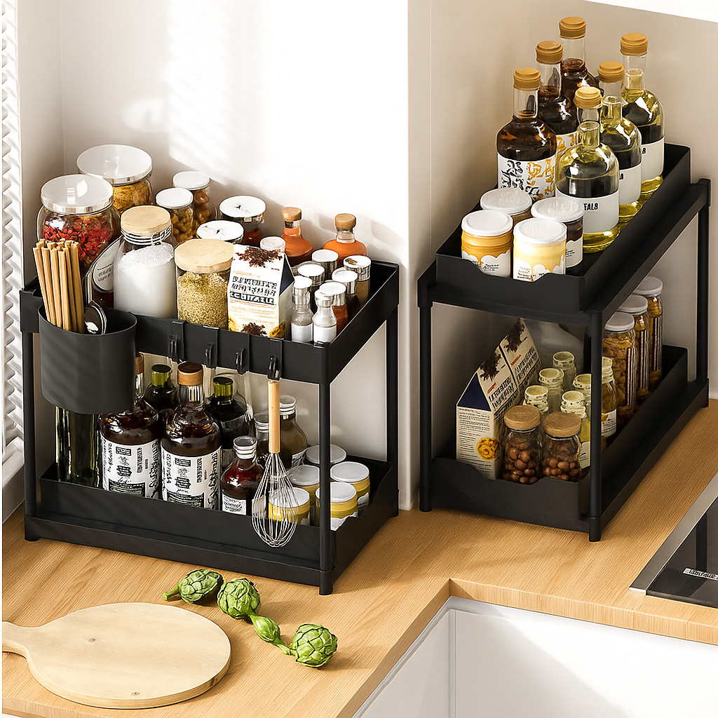 2-Tier Kitchen Undersink Organizer Rack with Single Pull-Out Storage Tray, Utensil Cup & Hooks